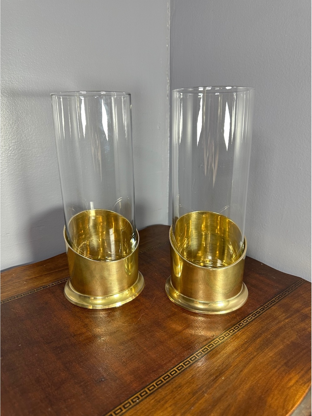 Vintage 1995 Ambrosia Brass&Glass Hurricane Candle Holders Pair - Made in India